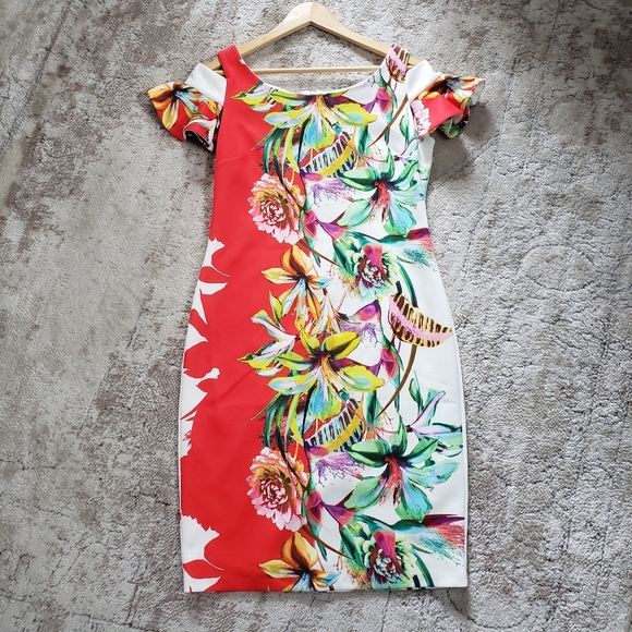 Frank Lyman Design Dresses & Skirts - Frank Lyman Size 8 NWT Red Tropical Floral Short Sleeve Cold Shoulder Dress